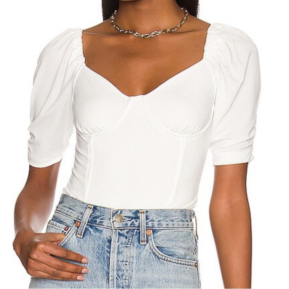 ASTR the Label sweetheart neck half sleeve body suit in white with puff sleeves